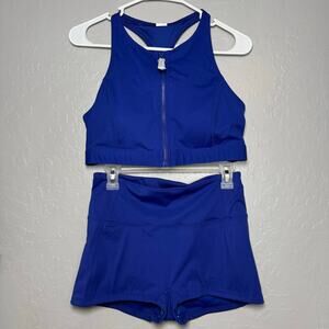 Fabletics High Tide Zip Swim Top & High Waisted Short Set Admiral Blue NWT L